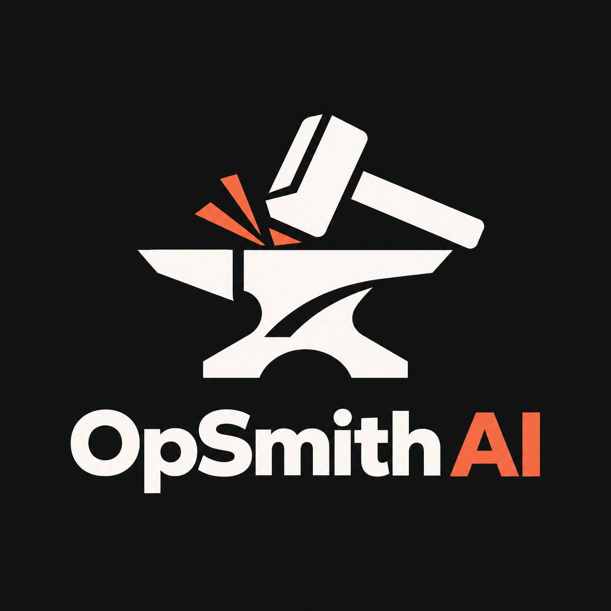 OpSmith AI hammer and anvil logo with ember orange sparks